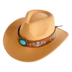 Chapeau de Cowboy Western Vintage pour Hommes Femmes Large Bord Jazz Fedora Avec Bande en Cuir Turquoise Motif Floral Fête