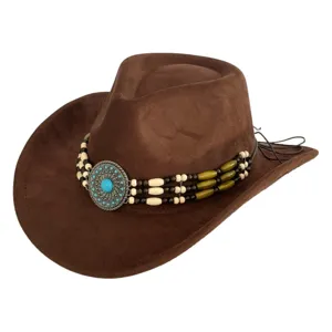 Close-up of brown suede western cowboy hat featuring triple beaded band and turquoise medallion.