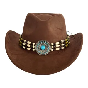 Detailed view of a brown western cowboy hat showcasing the beaded band and turquoise center.
