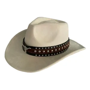 Retro western cowboy hat for men and women, faux suede fedora with bull head and metal studs.