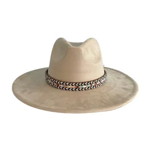 Detail view of a retro wide-brim suede fedora hat with colorful woven band, stylish and classic.