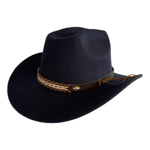 Detailed view of the dark retro western cowboy hat with braided leather band and metal charm.