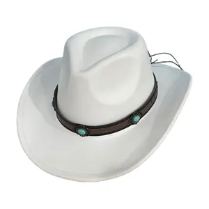 Vintage Polyester Wildleder Western Cowboyhut Breite Krempe Jazz Fedora Hut Mit Gürtel Dekoration Für Damen Herren Karneval Party Hut