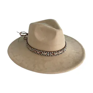 Retro wide brim suede fedora hat for women and men, classic western cowboy fashion headwear.