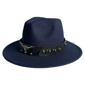Detail shot of dark blue vintage fedora hat with western bull head leather band and studs.