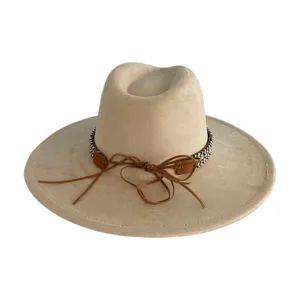Vintage wide brim suede fedora hat with stylish woven band and leather bow for men and women.