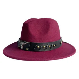 Vintage wool fedora hat with bull skull decor, wide brim retro jazz cap for men and women.