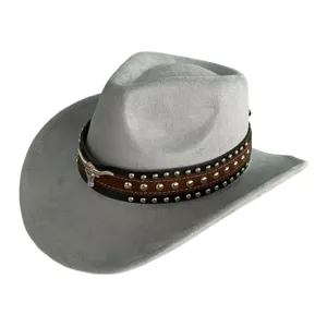 Detailed view of grey suede cowboy hat featuring metal studs and bull skull emblem trim.