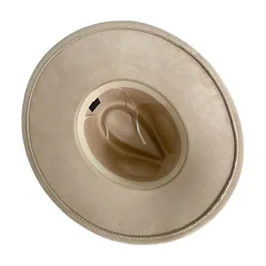 Vintage wide brim faux suede fedora hat, classic teardrop top detail view for men and women.