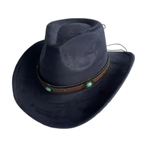Retro Wildleder Cowboy Jazz Hut mit Lederband und Türkis Stein Details für Party Outfits.