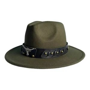 Details of army green fedora hat with black leather band, metal bull skull and rivets.