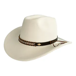 Closeup detail of white Western cowboy hat with braided leather band and metal diamond charm.