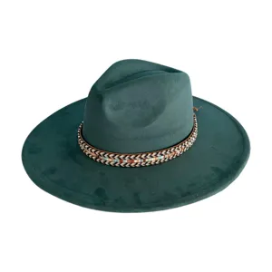 Close-up of a dark green faux suede fedora hat featuring a stylish braided woven band.