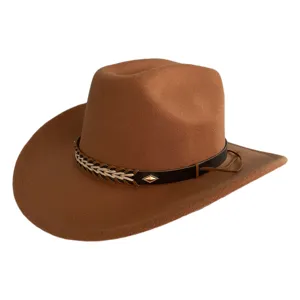 Brown wool felt western cowboy hat detail close-up, retro leather band and metal decor.