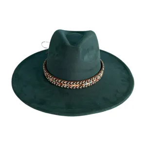 Vintage dark green wide brim fedora hat with ethnic woven band detail closeup view
