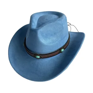 Retro blaue Wildleder Western Cowboy Hut mit braunem Band und Türkis Stein Dekor.