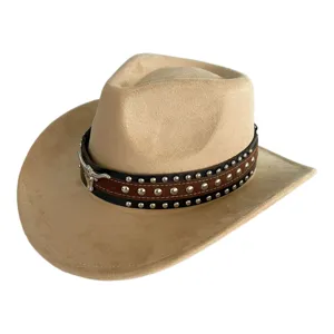 Close-up of beige faux suede western cowboy hat with studded strap and metal bull skull decoration.