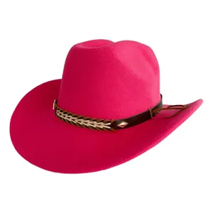 Stylish hot pink western cowboy hat with a braided band, perfect for retro parties and daily wear.