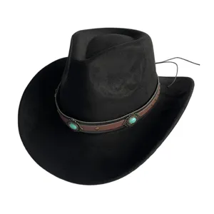 Schwarzer Vintage-Wildleder-Cowboyhut mit braunem Lederriemen und Türkis-Metalldekor.