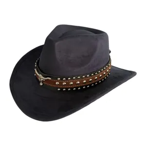 Vintage western cowboy hat with metal bull head and studded leather band, suede style.