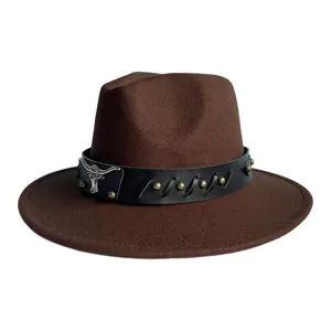 Detail view of brown wool fedora hat featuring black leather band and silver bull emblem.