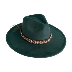 Close-up detail of the dark green wide-brim faux suede fedora hat with intricate beaded band.
