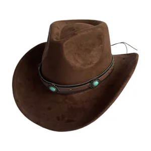 Brauner Wildleder Western Cowboy Hut Detailansicht mit türkisfarbenem Schmucklederband.