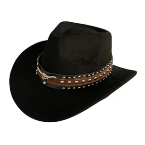 Detailed view of the black retro western cowboy hat featuring suede fabric and a bull head.