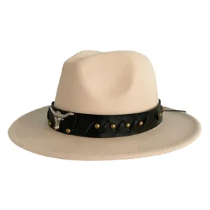 Vintage Bull Head Fedora Hat Flat Brim Jazz Cap British Style Cotton Blend Wide Brim Hat For Men Women Cowboy Style