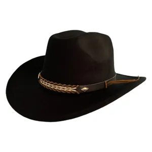 Classic black western cowboy hat with braided leather band and metal diamond detail.