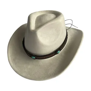 Detailansicht des retro Wildleder Western Cowboy Huts mit Türkis Lederband für Party Stil.