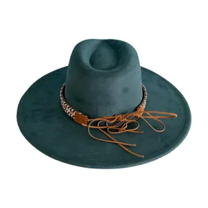 Stylish dark green wide brim fedora hat with bohemian woven band for women and men.