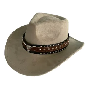 Detailed view of grey suede western cowboy hat with studded leather band and metal bull skull.