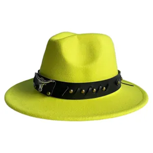 Neon green fedora hat featuring a black leather band, metal bull head buckle, and stud details.