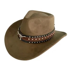Vintage brown western cowboy hat for men and women, featuring faux suede and bull skull decor.