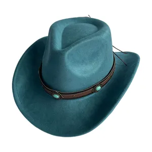 Türkisblaue Wildleder-Western-Cowboymütze mit braunem Lederband und Türkisstein-Dekor.