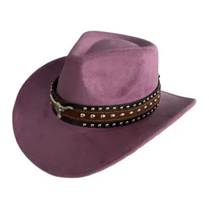 Purple faux suede western cowboy hat with metal stud leather belt and bull head decor.