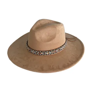 Retro wide-brim suede fedora hat with tribal band, classic cowboy style for men and women.