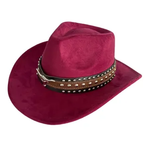 Retro suede western cowboy hat featuring metal longhorn buckle and stylish rivet leather band.