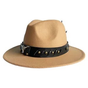 Retro camel fedora hat with black leather band, metal bull skull and rivet decorations.
