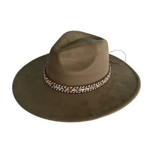 Close-up detail of vintage faux suede wide brim fedora hat with woven band for men and women.