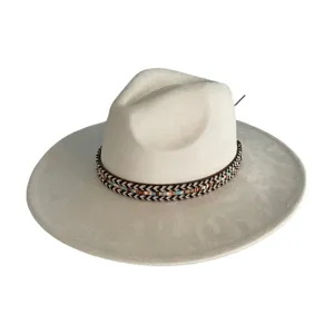 Retro wide-brim faux suede fedora hat with bohemian braided band, elegant flat brim hat.