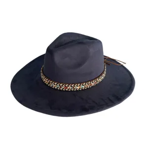 Retro wide brim suede fedora hat with tribal band western cowboy hat for men and women