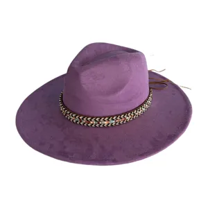 Purple suede fedora hat with braided beaded band, wide brim western cowboy hat for women.