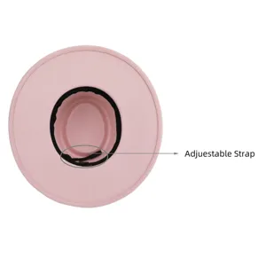 Sombrero de fieltro rosa de ala ancha para mujer, diseño vintage minimalista con correa ajustable.