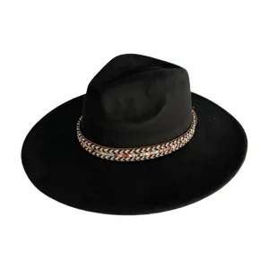 Black wide brim fedora hat with ethnic woven band, vintage suede style for daily wear.
