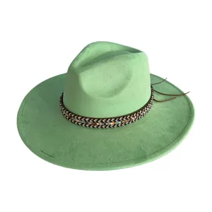 Green suede wide brim fedora hat with woven band for women men fashion vintage cowboy cap
