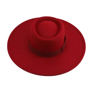 Clásico sombrero de ala ancha de fieltro de lana rojo con cinta, fedora vintage de moda para todos.