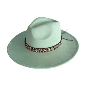 Retro wide brim suede fedora hat with tribal band detail, mint green fashion cowboy hat.