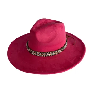 Retro wide brim faux suede fedora hat, pink western cowboy hat with woven band for women